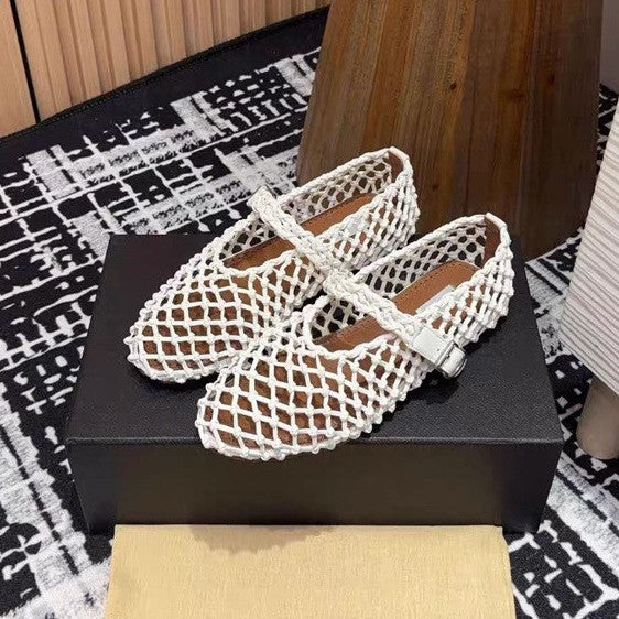 Women's Niche Handmade Woven Hollowed Breathable Strap Genuine Mary Jane Pumps Women's Fashion Shoes