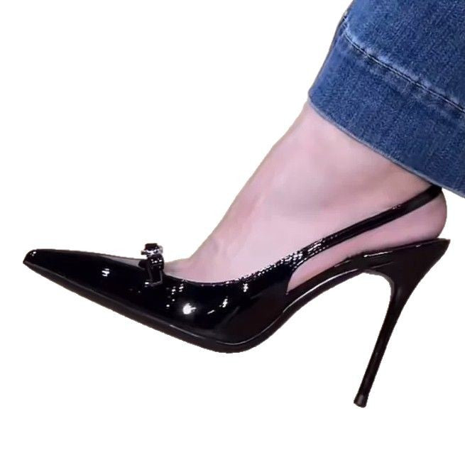 Women's Pointed Toe Low-cut Rhinestone Bow Stiletto Sexy Black Patent High Heeled Sandals