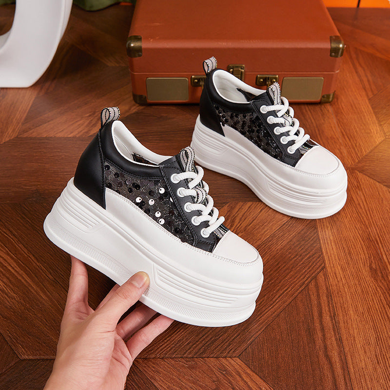 Women's Surface Hollowed White Breathable Platform Height Sneakers