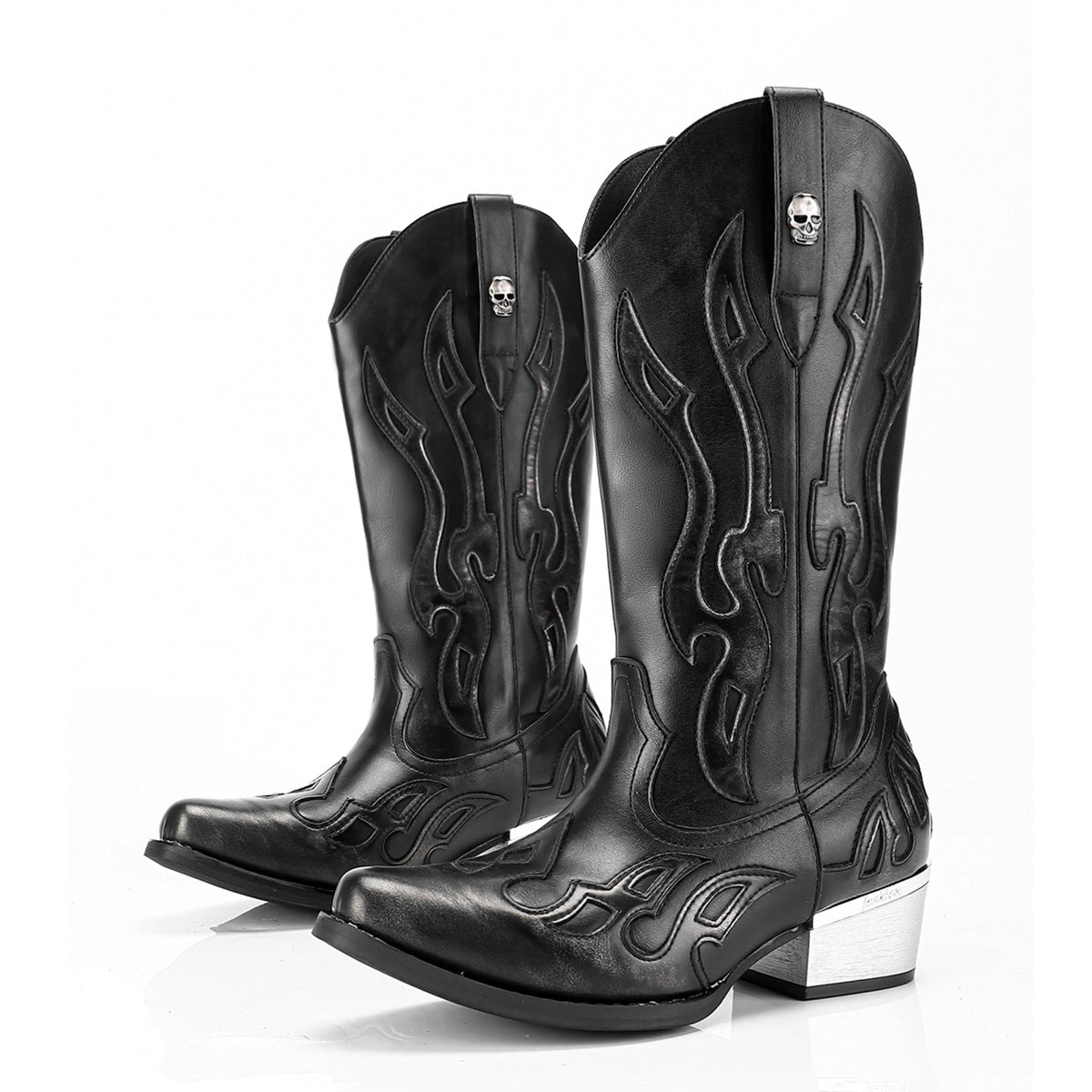Women's & Men's American Size Embroidered Square Toe Thick Middle Vintage Women's Leather Boots