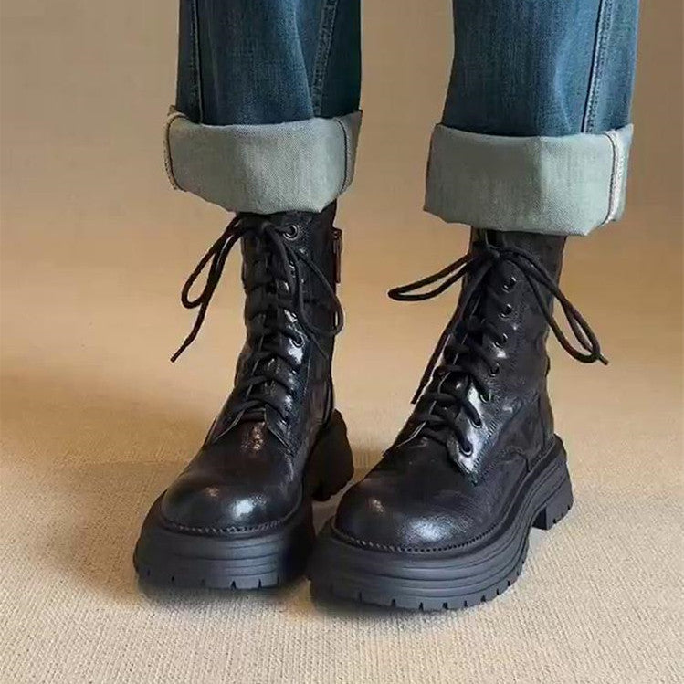 Women's Martin For British Style Round Toe Side Zipper Ankle Women's Leather Boots