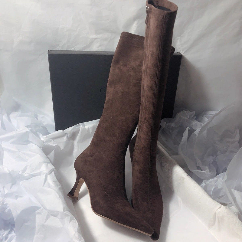 Men's Simple Below The Knee Stretch Frosted Skinny Side Zipper Women's Leather Boots