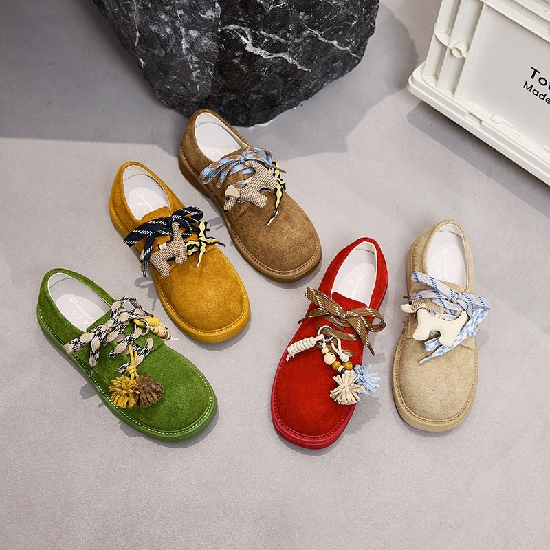 Women's First Layer Cowhide Platform Cartoon Pendant Small Pumps British Style Loafers