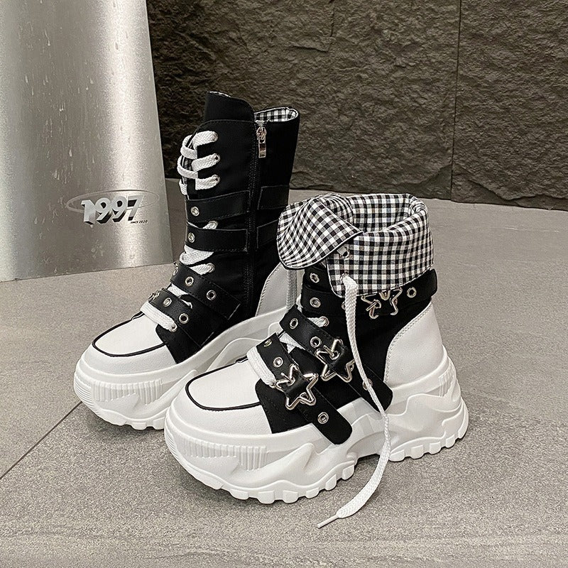 Women's Platform Martin Round Toe Belt Buckle Motorcycle Strap Women's Leather Boots