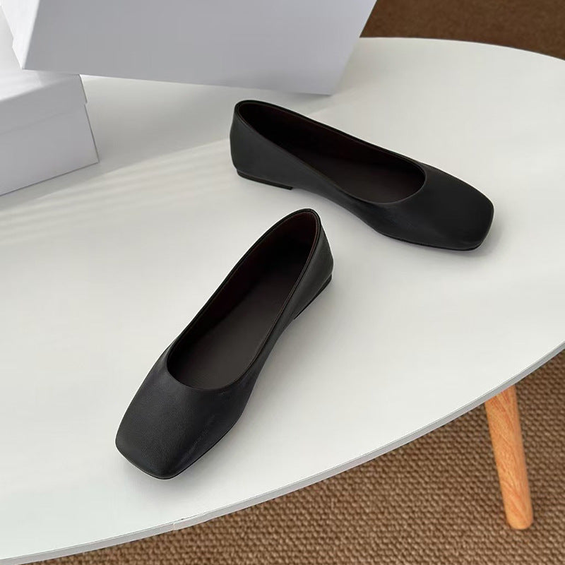 Spring European Goods Genuine Soft Sheepskin Flat Low-cut Square Toe Women's Casual Shoes