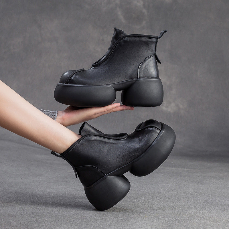 Women's Shu First Layer Cowhide Round Head Chunky Solid Color Women's Leather Boots