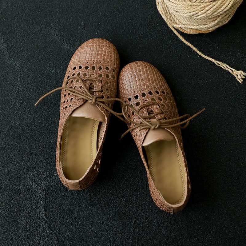 Women's Sheepskin Round Toe Hollow Out Woven Summer Flat Sandals