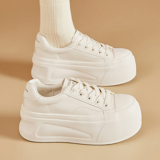 Women's White Thick Sole Height Increasing Comfortable Lace Women's Casual Shoes