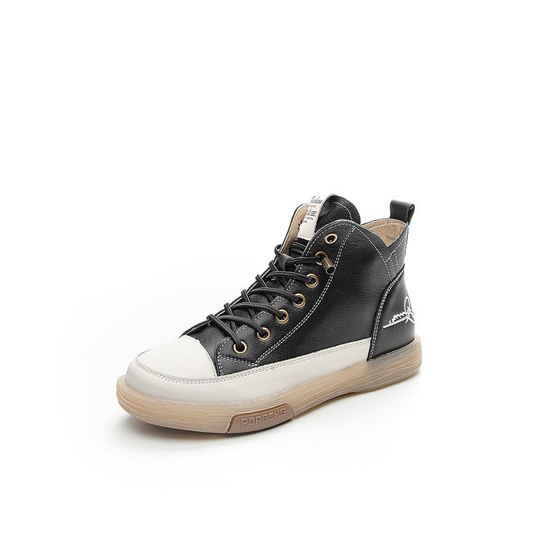 Women's High Top White Flat Mori Board Layer Cowhide Casual Shoes