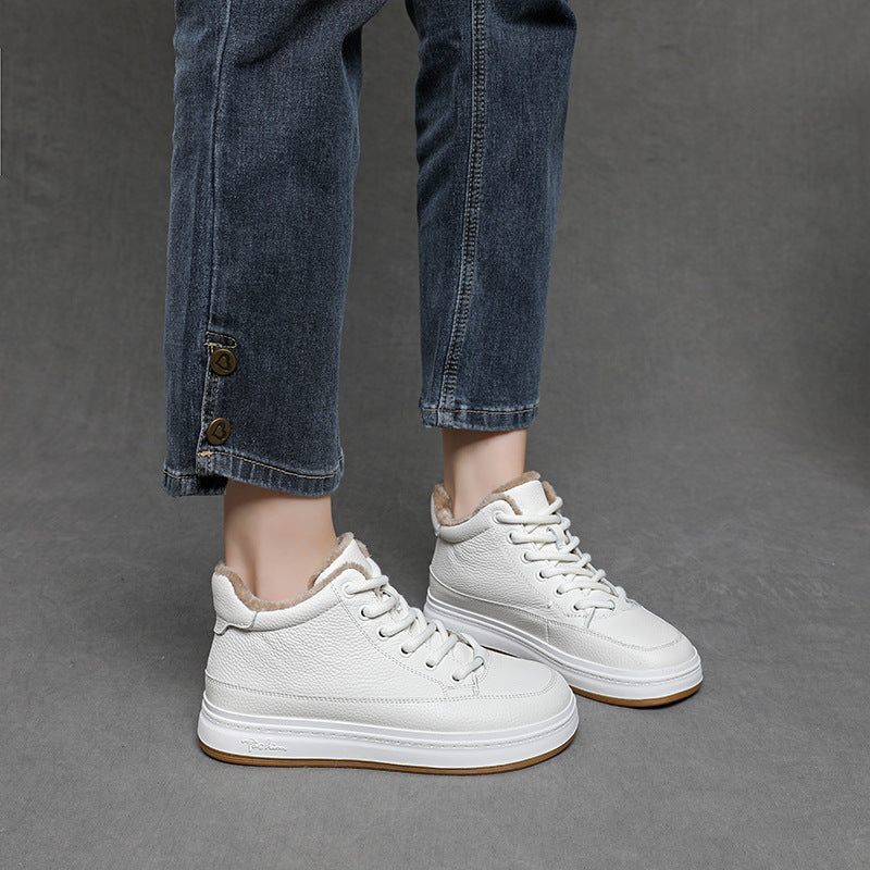 Women's Cowhide Veet High White Warm Flat Bottom Simple Women's Cotton Shoes