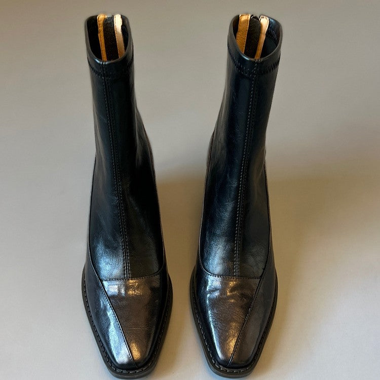 Women's Chunky Short Soft Stitching Chelsea Black Women's Leather Boots