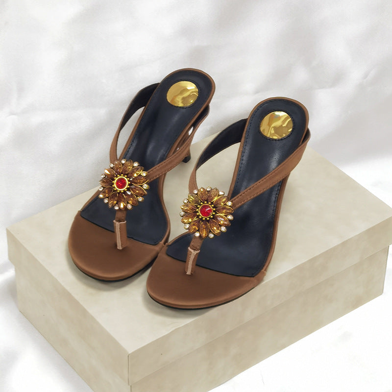 Women's Rhinestone Flower Retro Stylish Flip-flops High Heeled Sandals
