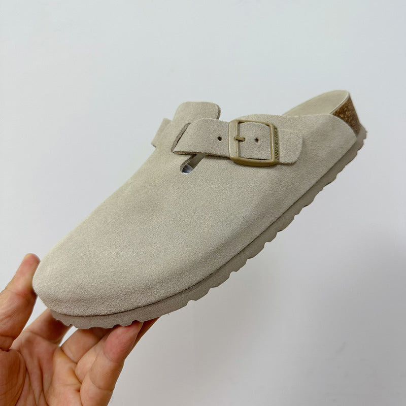 Women's Cork Sole Genuine Lazy Pump Half Flat Slippers
