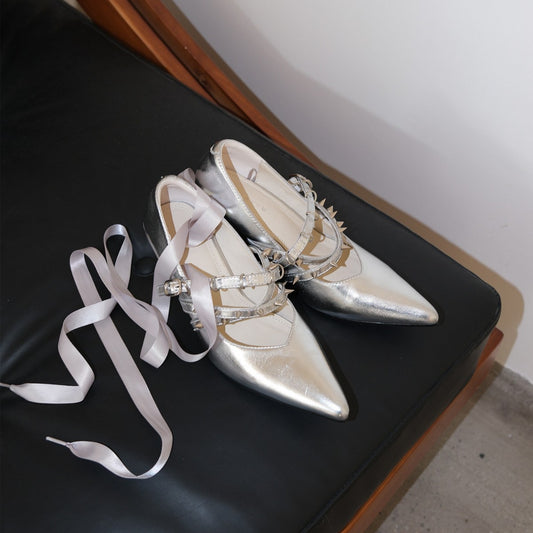 Women's Sier Cross Strap Rivet Wedge High Spring Retro Style Pointed Women's Fashion Shoes
