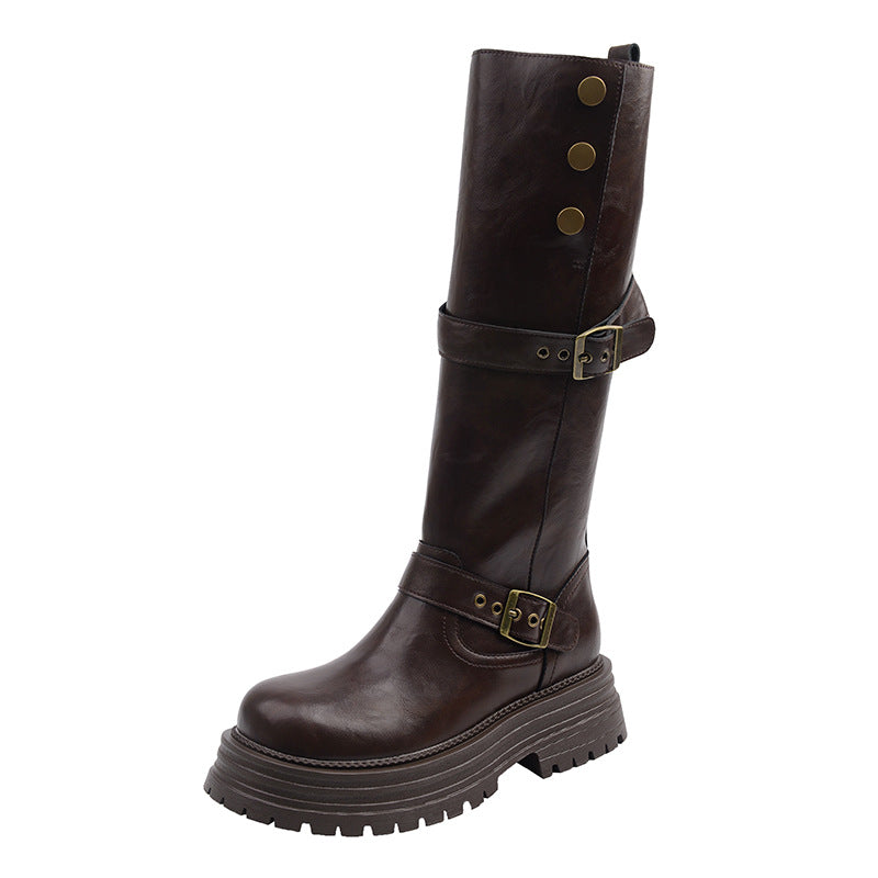 Women's Retro Platform Long Thick Leg Widened Tall Women's Leather Boots