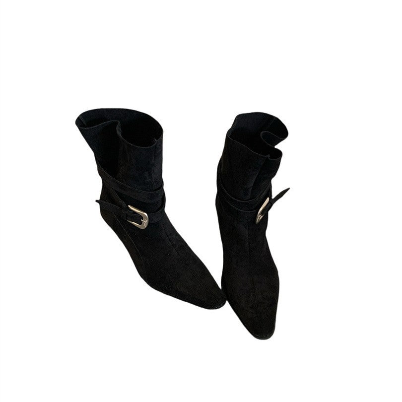 Women's French Style Square Toe Booties Chunky Ankle Vintage Crumpled Boots