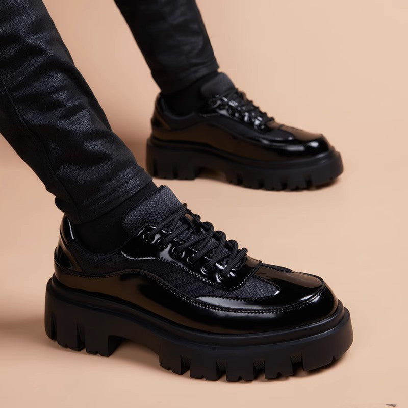 Men's Thick Bottom Hight Increasing British Round Toe Formal Wear Black Leather Shoes