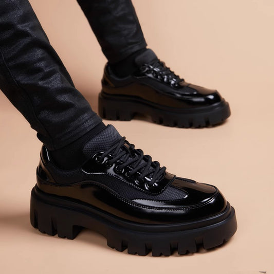 Men's Thick Bottom Hight Increasing British Round Toe Formal Wear Black Leather Shoes