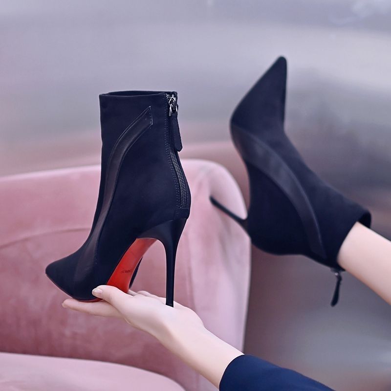 Women's & Men's Black Fleece-lined Skinny Pointed Toe Back Zipper Boots