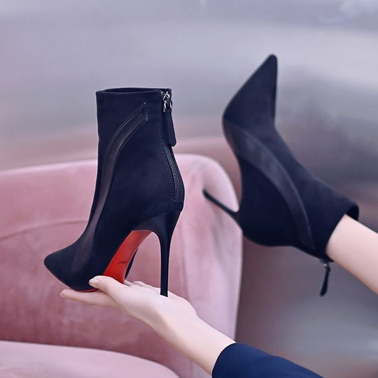 Women's & Men's Black Fleece-lined Skinny Pointed Toe Back Zipper Boots