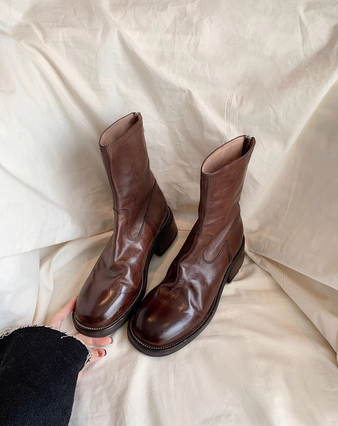 Women's Retro Round Toe Back Zipper Thick Thin Ankle Platform Martin Women's Leather Boots