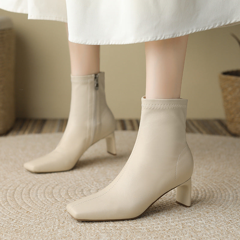 Women's Toe Chunky Mid Side Zipper Short Boots