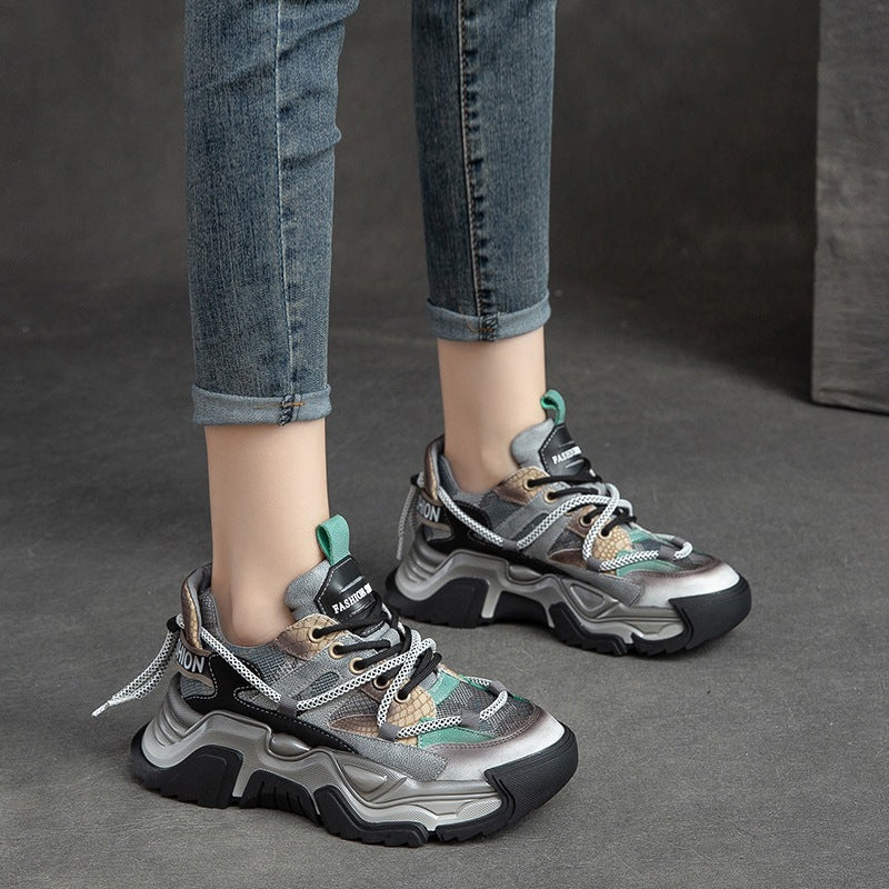 Women's Layer Cowhide Handmade Dad Platform Sports Color Casual Shoes