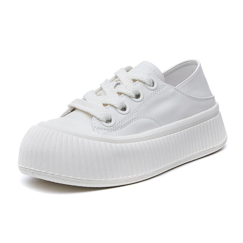 Women's White Trendy Lace Up Cowhide Platform Sneakers