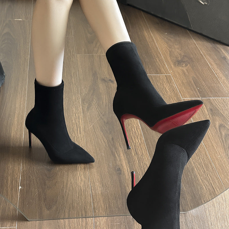 Women's High Pointed Ankle Fine With Black Elastic Socks Boots