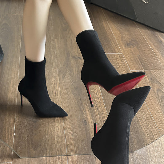 Women's High Pointed Ankle Fine With Black Elastic Socks Boots
