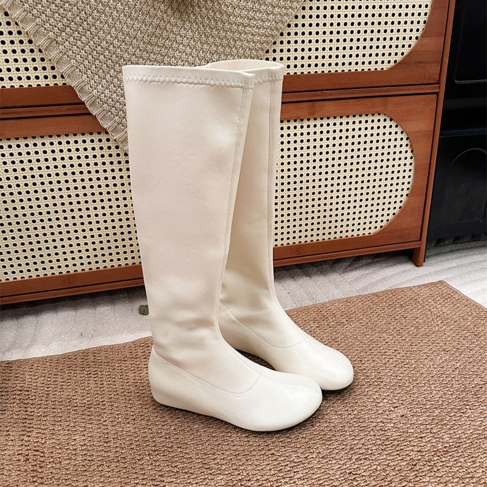 Round Toe Invisible Elevated Flat High Thin Solid Color Pile Boots