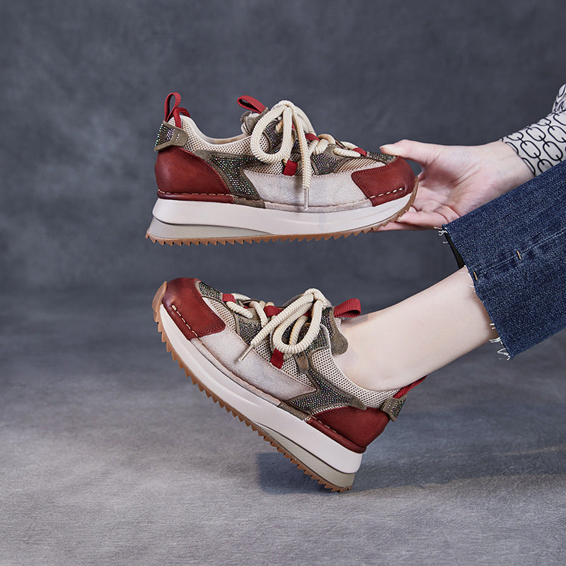 Women's Beautiful Natural Color Genuine Retro Dad Platform Hot Drilling Sneakers