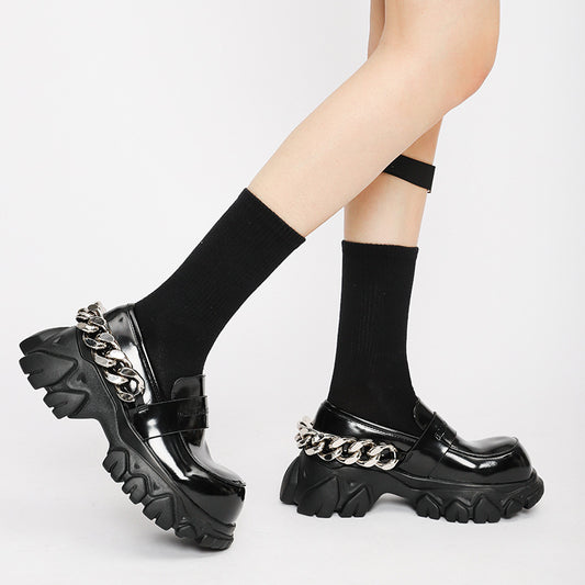 Women's Muffin Patent Metal Large Chain Round Head Thick Women's Shoes