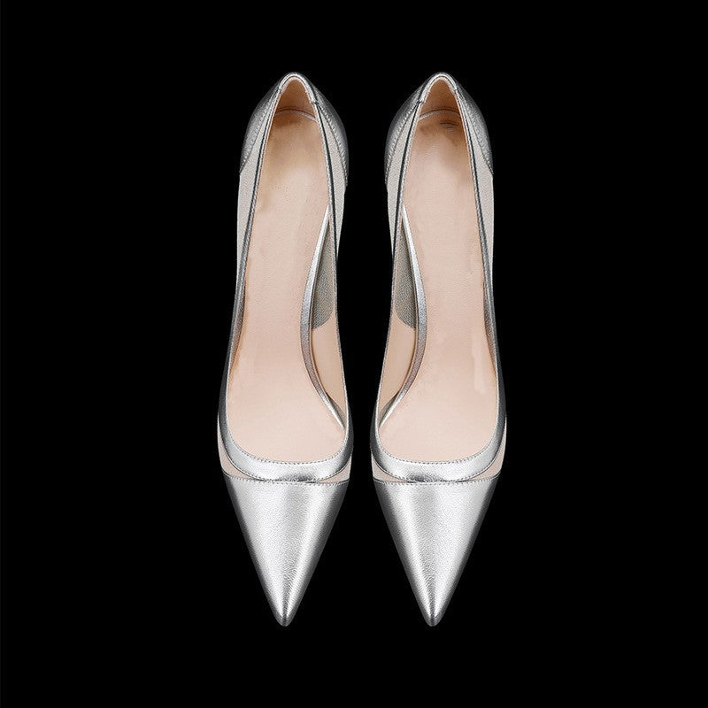 Women's Stitching Mesh Stiletto High Pointed Toe Low-cut Women's Fashion Shoes