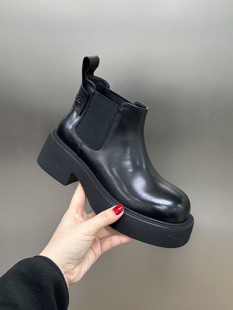 Women's Chelsea Booties European Goods Platform Smoke Pipe Muffin Round Women's Leather Boots