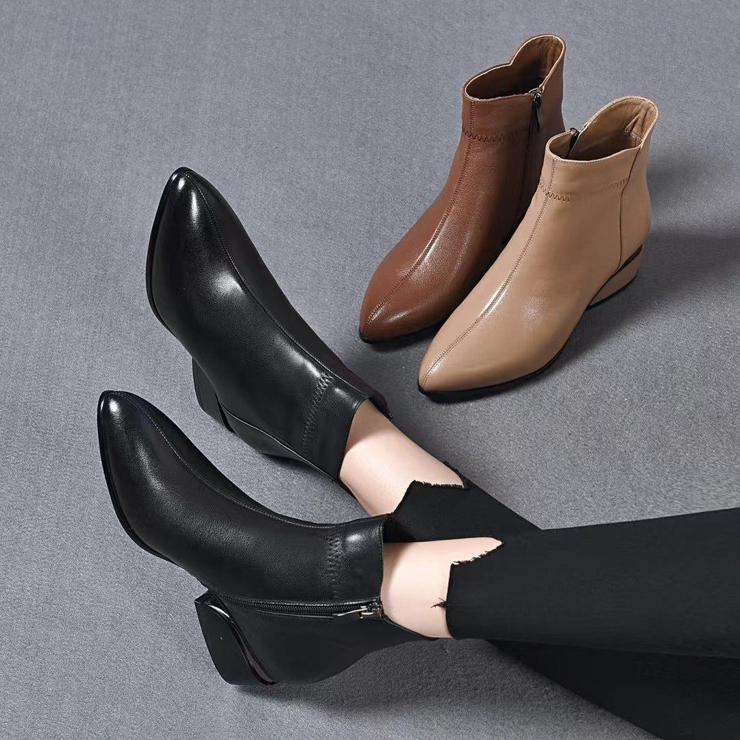 Women's Genuine Flat Soft Booties Pointed Toe Chunky Women's Leather Boots