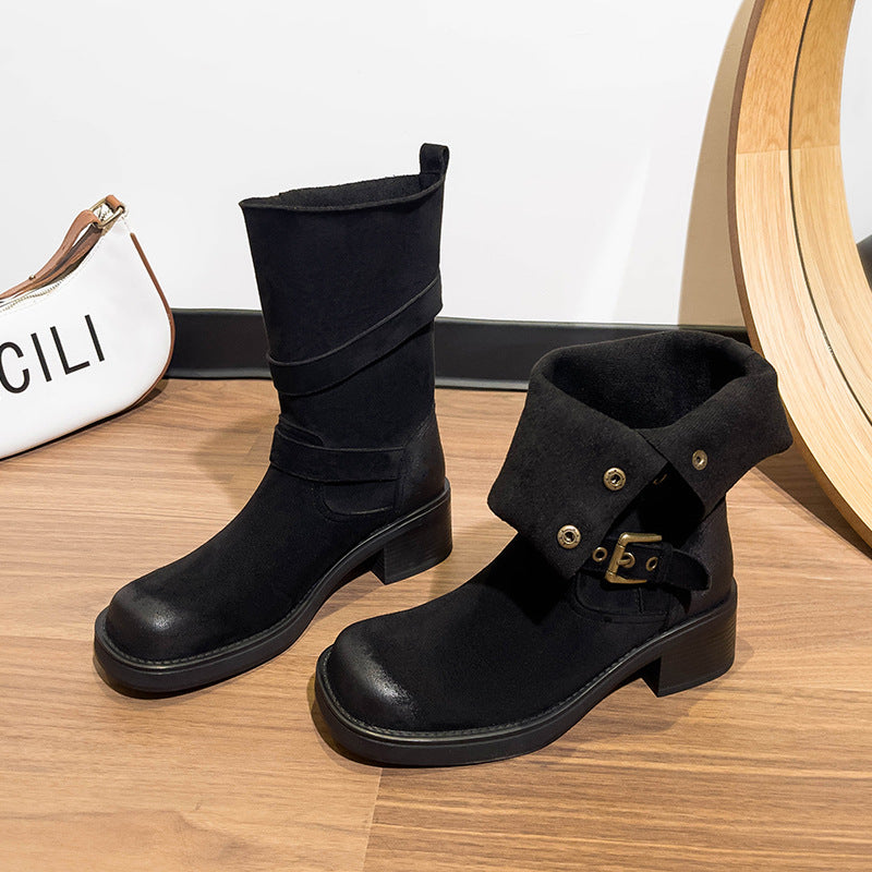 Women's Cowboy Autumn Mid Retro Square Toe Boots