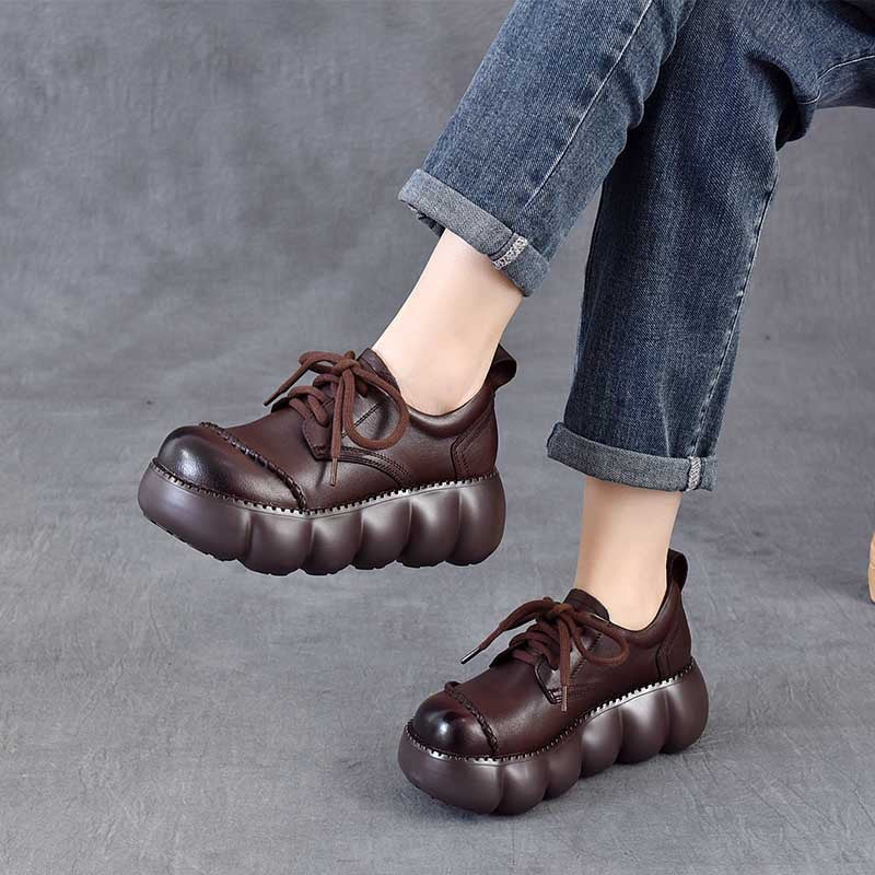 Round Toe Vintage British Style Thick Bottom First Layer Cowhide Women's Casual Shoes