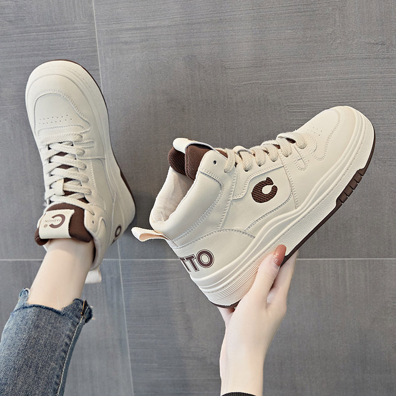 Women's Spring White Trendy Thick Bottom Fleece-lined Sneakers