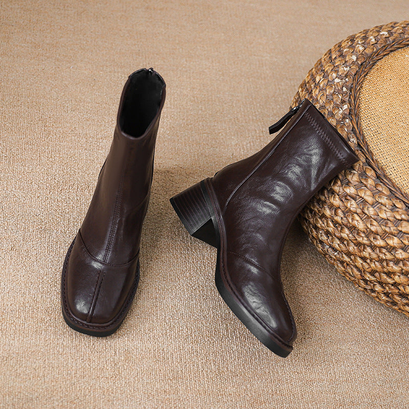 Women's French Hand Pattern Sheepskin Square Toe Martin Back Zipper Women's Leather Boots