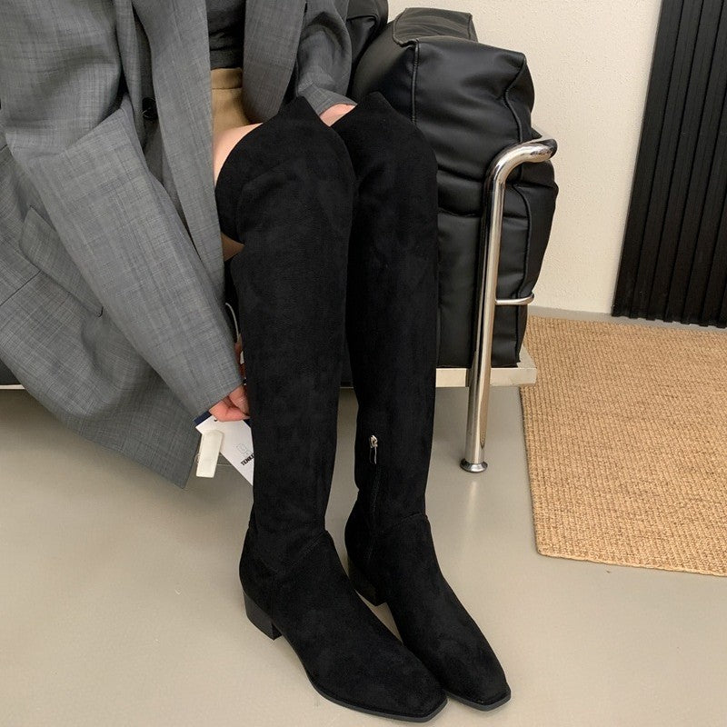 Female Tube Tail British Style Height Increasing Insole Square Women's Leather Boots