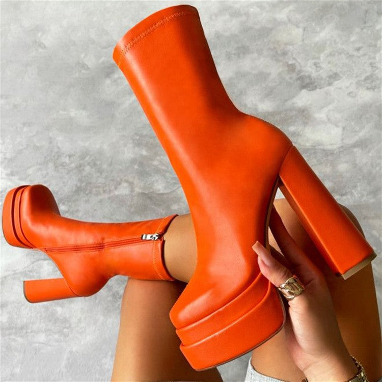 High Chunky Side Zip Waterproof Platform Middle Tube Stretch Fashion Boots