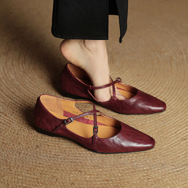 Women's Genuine Cross With Shallow Mouth Pumps Flat Wine Red Mary Women's Casual Shoes