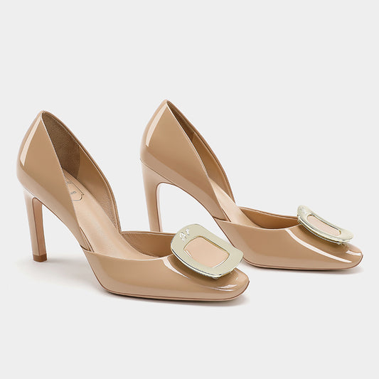 Women's Stiletto Elegant Hollowed Square Buckle White Chic Women's Fashion Shoes