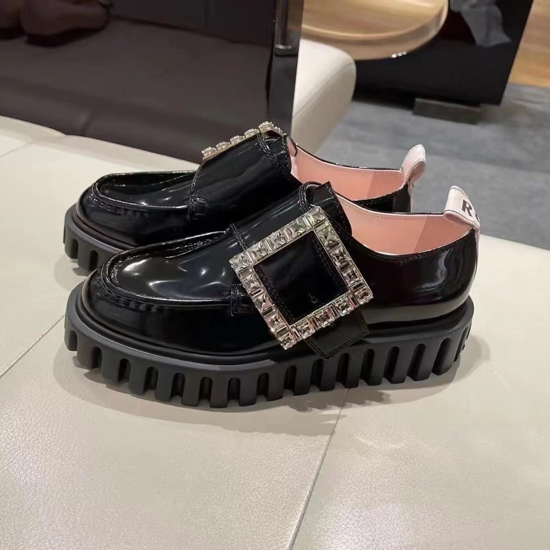 Women's British Style Rhinestone Square Buckle Platform Loafers
