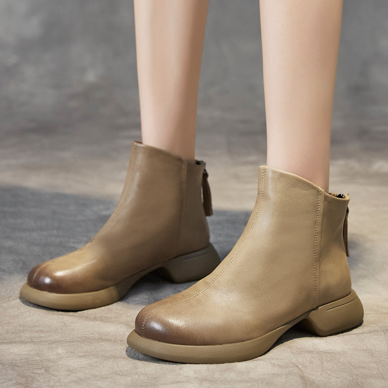 Women's First Layer Cowhide Round Toe Vintage Brushed Ankle Men's Shoes