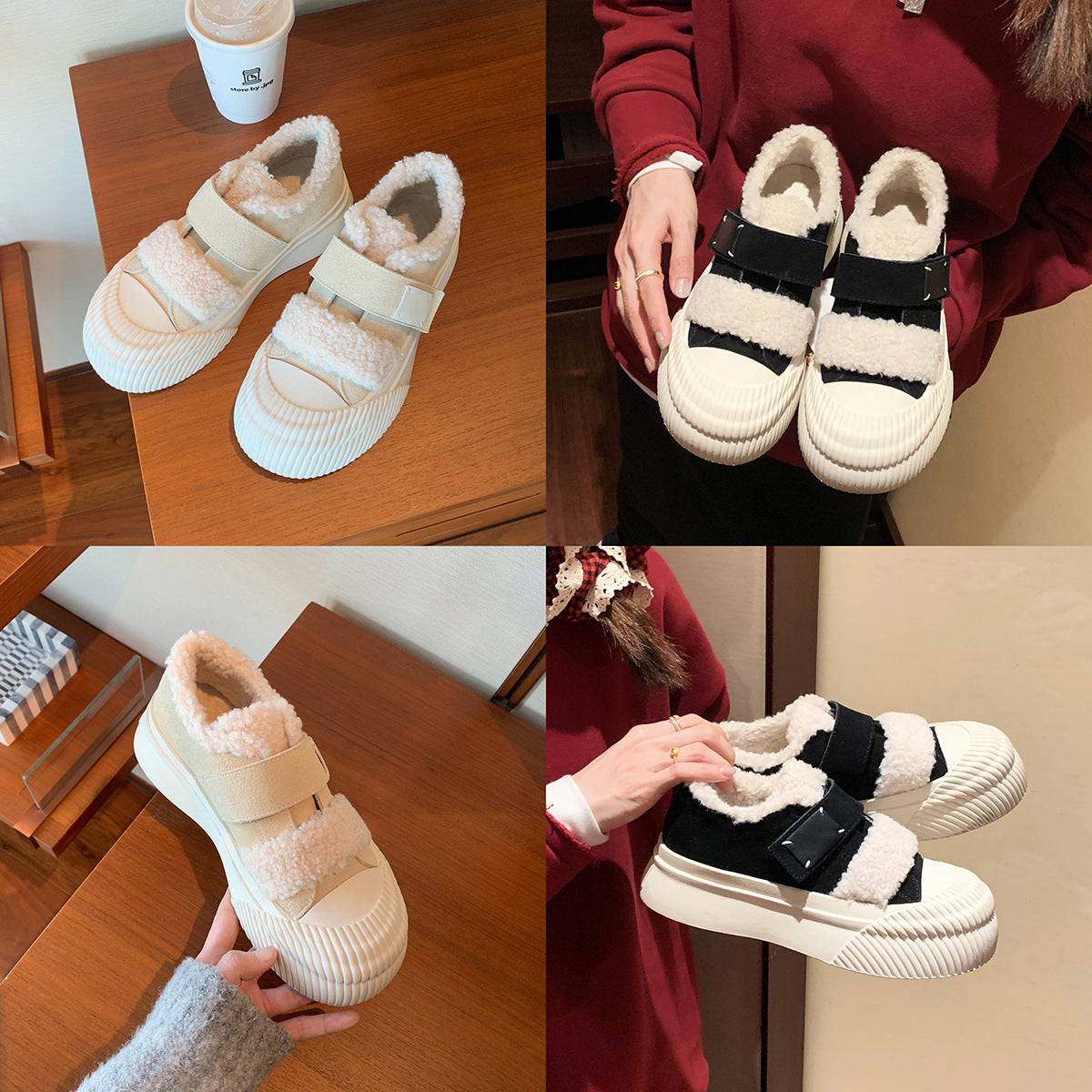 Women's Platform Fluffy Velcro Fleece Lined Padded Warm Keeping Biscuit Sneakers