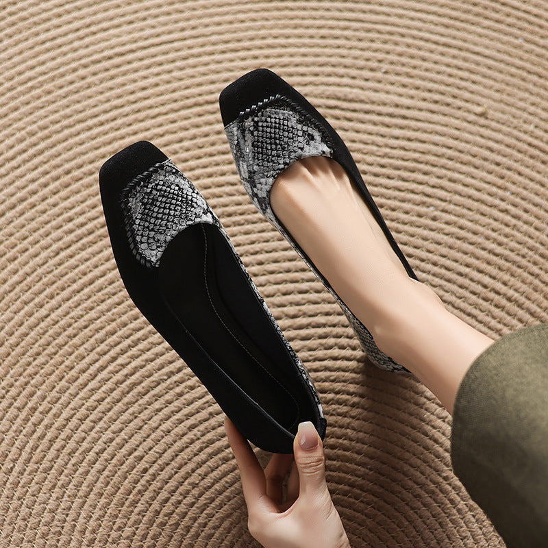 Women's French Entry Lux Snake Pattern Sheepskin Stitching Low Frosted Square Heels