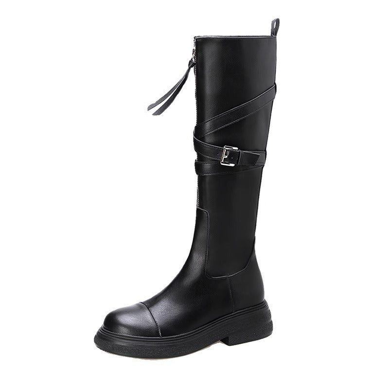 Women's Cowhide Version Style Black Riding Widened Boots