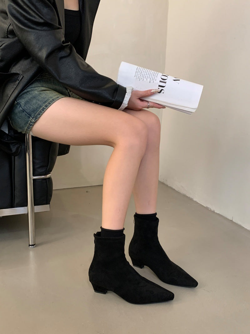 Women's Spring French Style Mid Chunky Pointed Boots